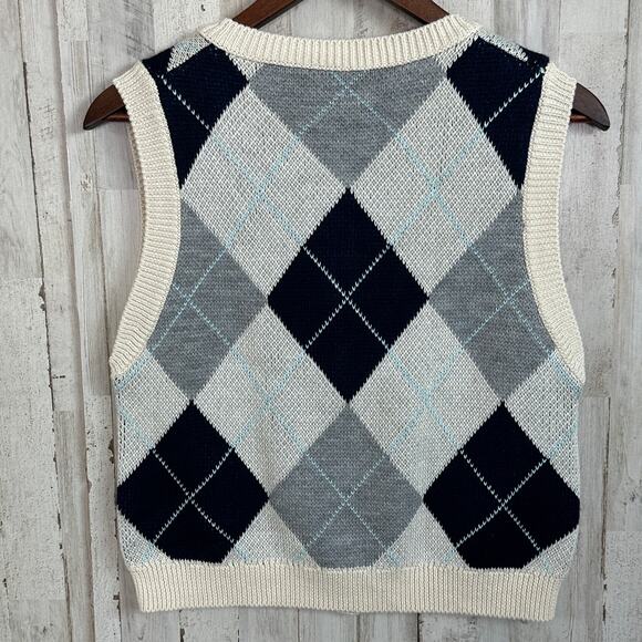 NWT Urban Outfitters Argyle Cardigan Vest Large Petite Cropped Blue Gray Preppy - Picture 2 of 8